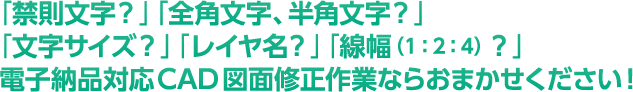 「禁則文字？」「全角文字、半角文字？」「文字サイズ？」「レイヤ名？」「線幅（1：2：4）？」電子納品対応CAD図面修正作業ならおまかせください！